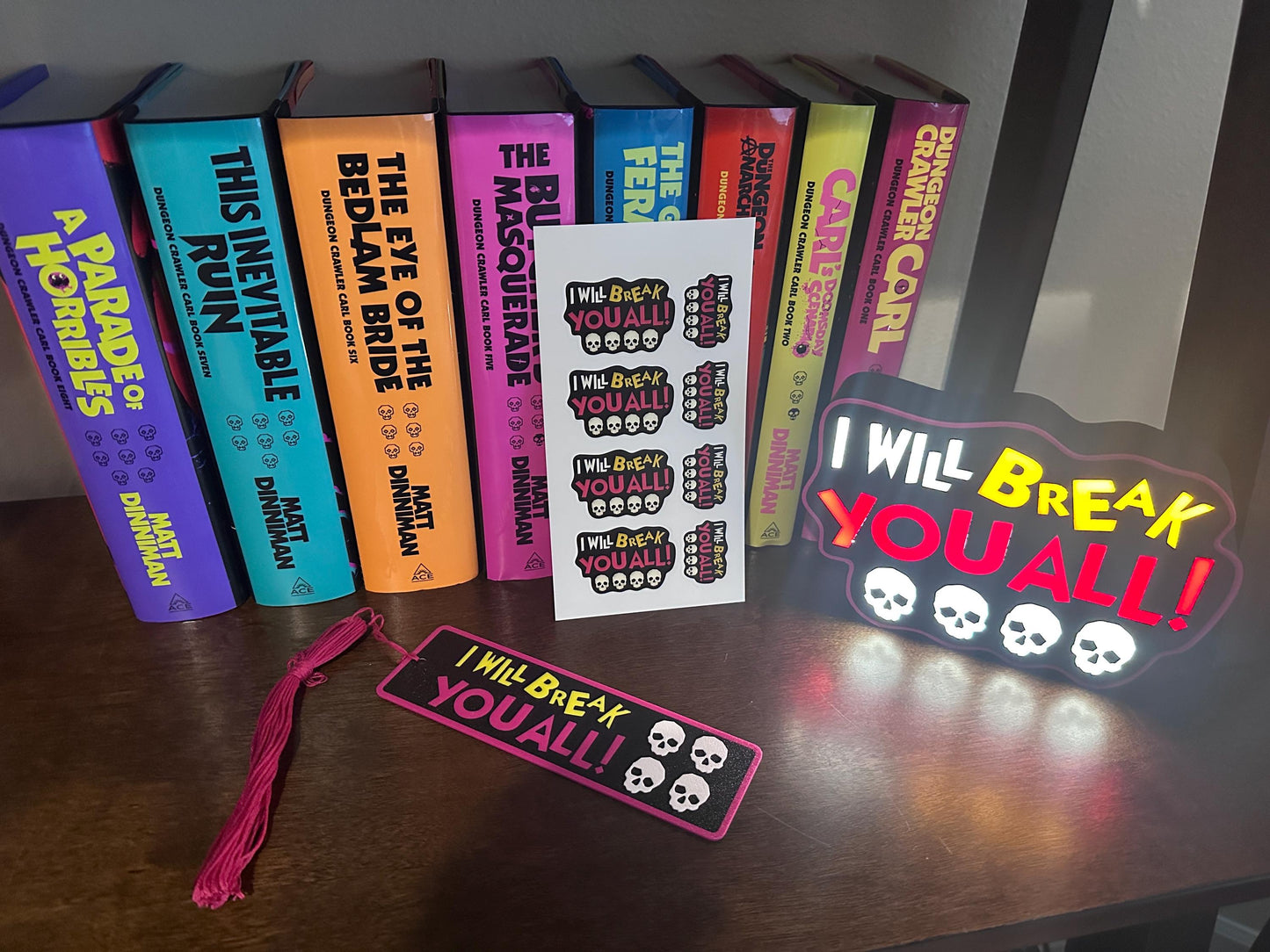Dungeon Crawler Carl Sticker Pack – "I Will Break You All" Quote – 8-Piece LitRPG Sticker Set – Matt Dinniman DCC Laptop Decals