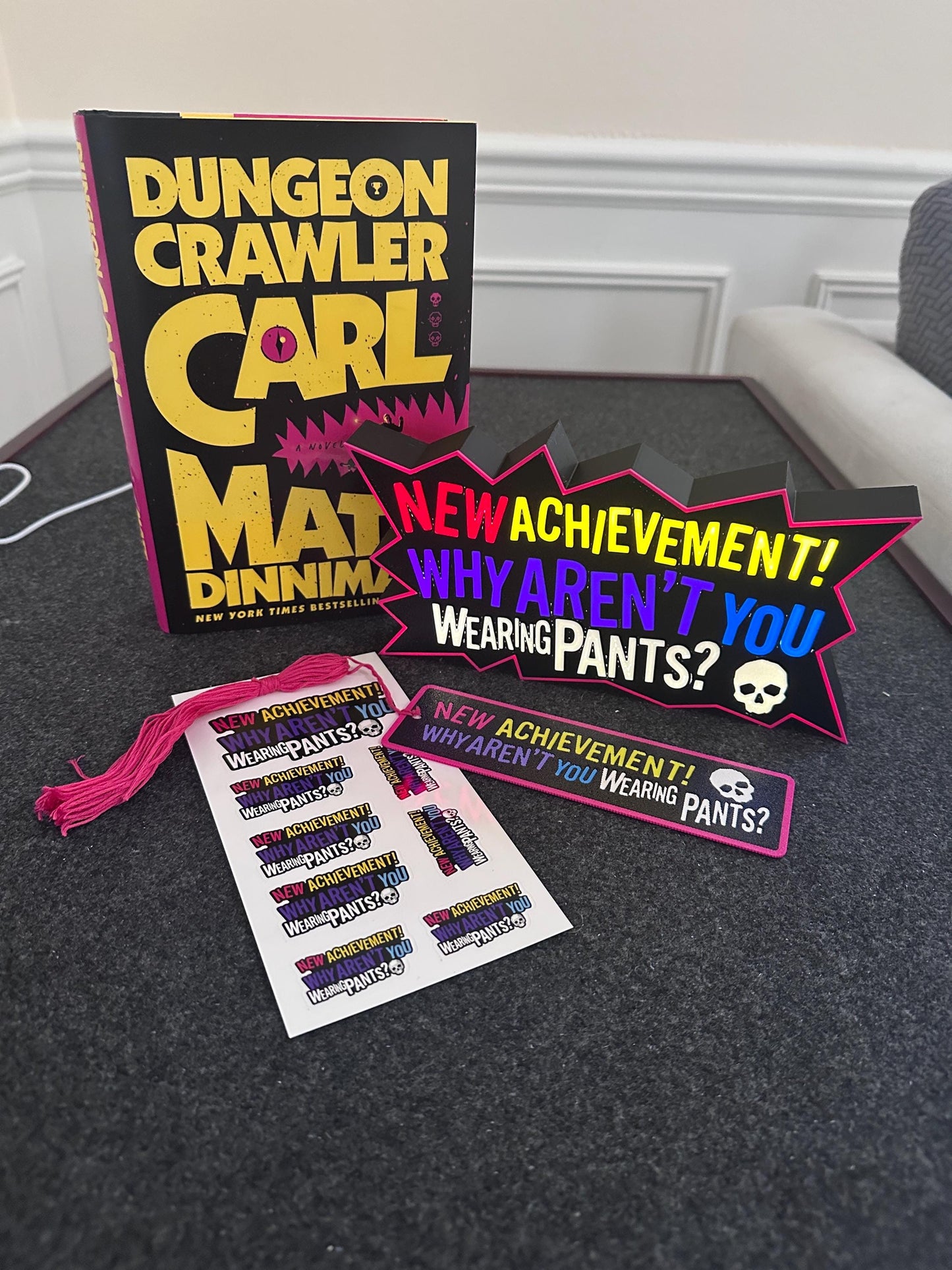 Dungeon Crawler Carl 3D Printed Lightbox – "New Achievement: Why Aren’t You Wearing Pants?" LED Sign – LitRPG DCC Fan Gift – Dimmable Lamp