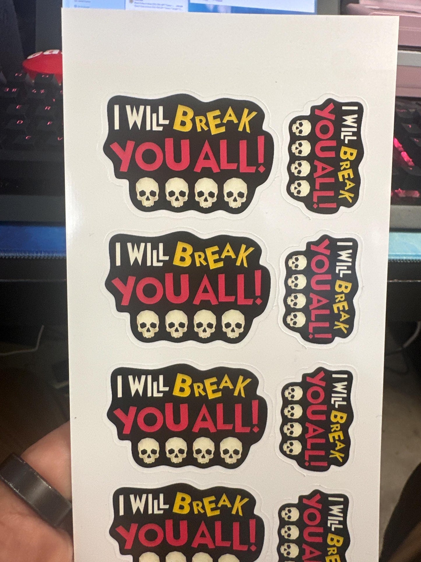 Dungeon Crawler Carl Sticker Pack – "I Will Break You All" Quote – 8-Piece LitRPG Sticker Set – Matt Dinniman DCC Laptop Decals