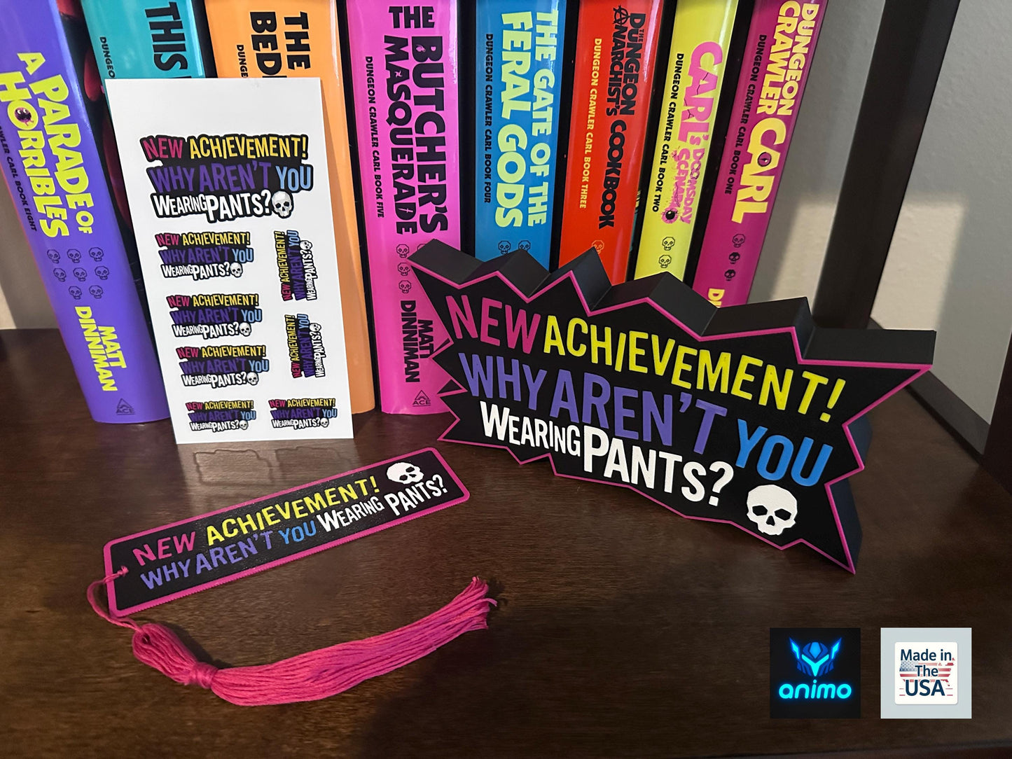 Dungeon Crawler Carl 3D Printed Lightbox – "New Achievement: Why Aren’t You Wearing Pants?" LED Sign – LitRPG DCC Fan Gift – Dimmable Lamp